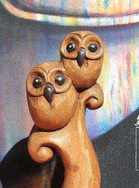 泰国手工木雕创意摆件猫头鹰萌物装饰客厅电视柜装饰结婚节日礼品