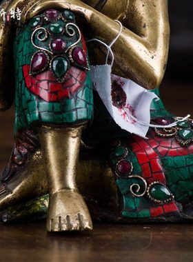 自在佛 自在佛家居饰品尼泊尔进口手工铜镶嵌松石宝石7寸客厅摆件