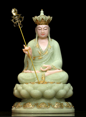 娑婆三圣坐像 汉白玉佛像 翠玉镶金观音菩萨地藏王释迦牟尼佛摆件