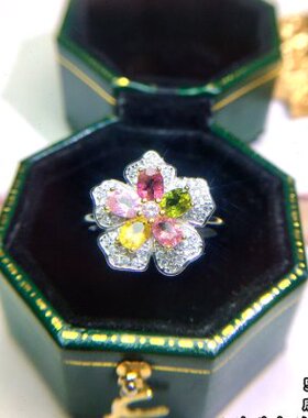 捡漏天然碧玺戒指女欧泊海蓝宝红纹石舒俱来祖母绿幽灵黄水晶排戒