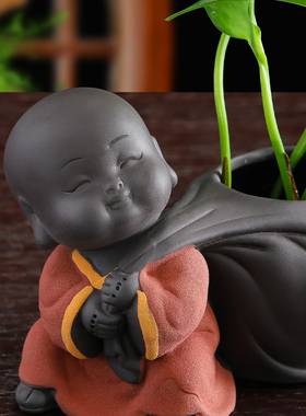 新中式禅意小和尚家居摆件紫砂茶宠可爱办公室桌面小摆设水培花瓶