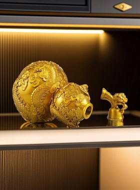 纯黄铜葫芦龙戏珠口葫芦客厅办公桌面玄关酒柜招财装饰品