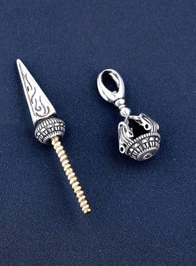 S925银吊坠空托金刚杵镶嵌绿松石南红蜜蜡桶珠圆珠降魔杵项坠银托