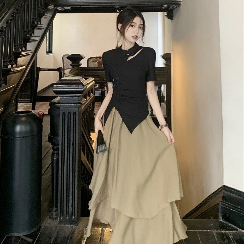 高级感新中式气质国风套装短袖T恤女夏季休闲半身裙长裙子两件套,淘宝优惠券,粉丝福利购,淘宝优惠卷