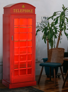 复古英式电话亭带灯储物柜客厅书柜服装店咖啡厅酒吧商场陈列摆件
