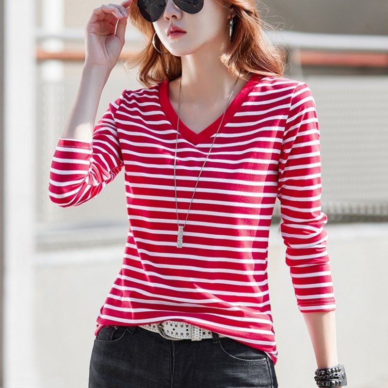 条纹v领长袖t恤女宽松打底衫内搭2024年春装新款女装外穿洋气上衣,淘宝优惠券,粉丝福利购,淘宝优惠卷