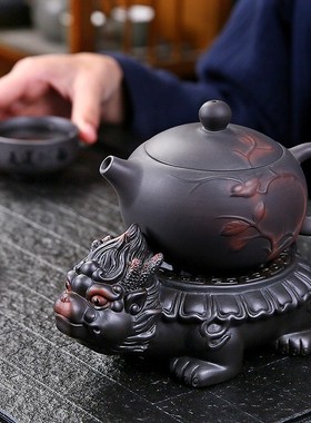 紫陶招财貔貅家居饰品手工客厅办公室桌面礼品摆设茶宠壶承垫