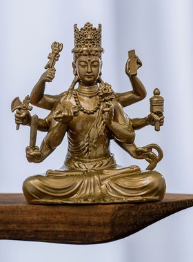 大随求菩萨摆件纯黄铜实心小随身佛像书镇纸精致书房茶空间装饰品