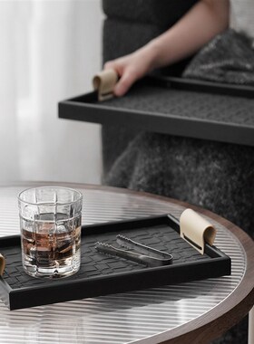 轻奢黑灰色皮质香薰托盘高级感置物收纳盘客厅茶几样板间装饰品