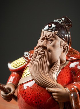 创意紫砂人物摆件关羽关公家居客厅茶室精品茶道茶台茶桌装饰摆设