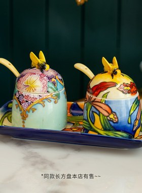 欧式可爱手绘花卉陶瓷浮雕蜂蜜罐2款家居厨房创意装饰摆件