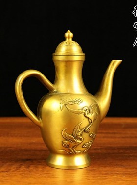 铜壶松鹤延年酒壶工艺品摆件纯铜餐厅酒壶宴会家居婚庆铜酒壶铜器