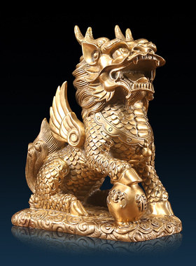 纯铜麒麟摆件一对纳福客厅玄关办公室桌面装饰公司开业乔迁礼品