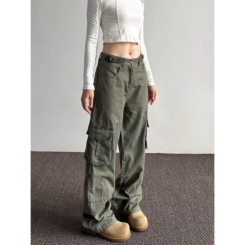 美式宽松多口袋阔腿工装牛仔裤女2024春秋新款高腰显瘦直筒长裤子,淘宝优惠券,粉丝福利购,淘宝优惠卷