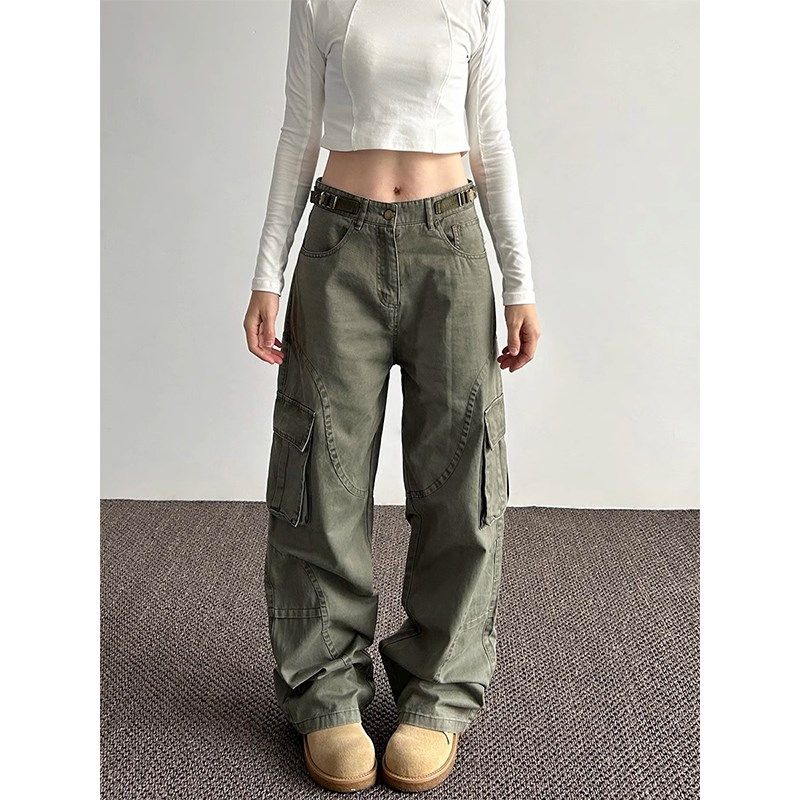 美式宽松多口袋阔腿工装牛仔裤女2024春秋新款高腰显瘦直筒长裤子,淘宝优惠券,粉丝福利购,淘宝优惠卷