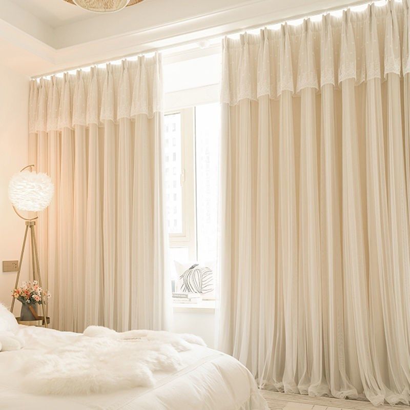 网红遮光隔热窗帘简约布纱一体韩式双层公主风卧室客厅米色飘窗帘,淘宝优惠券,粉丝福利购,淘宝优惠卷