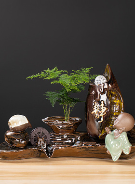 陶瓷招财自动鱼缸流水摆件鱼盆喷泉室内家用瀑布造景循环水