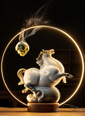 创意灯圈陶瓷马摆件客厅书房家居饰品书房办公桌新中式工艺礼品摆