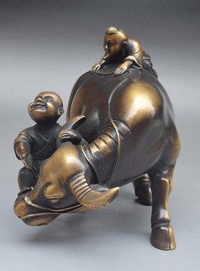 纯铜招财童子戏牛装饰工艺品摆件生肖牛办公室书桌客厅博物架摆设