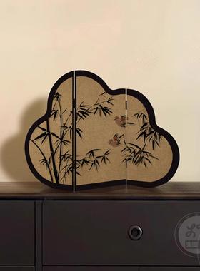 中古风墨竹小屏风摆件桌面装饰小摆台客厅茶桌茶室入户玄关柜摆画