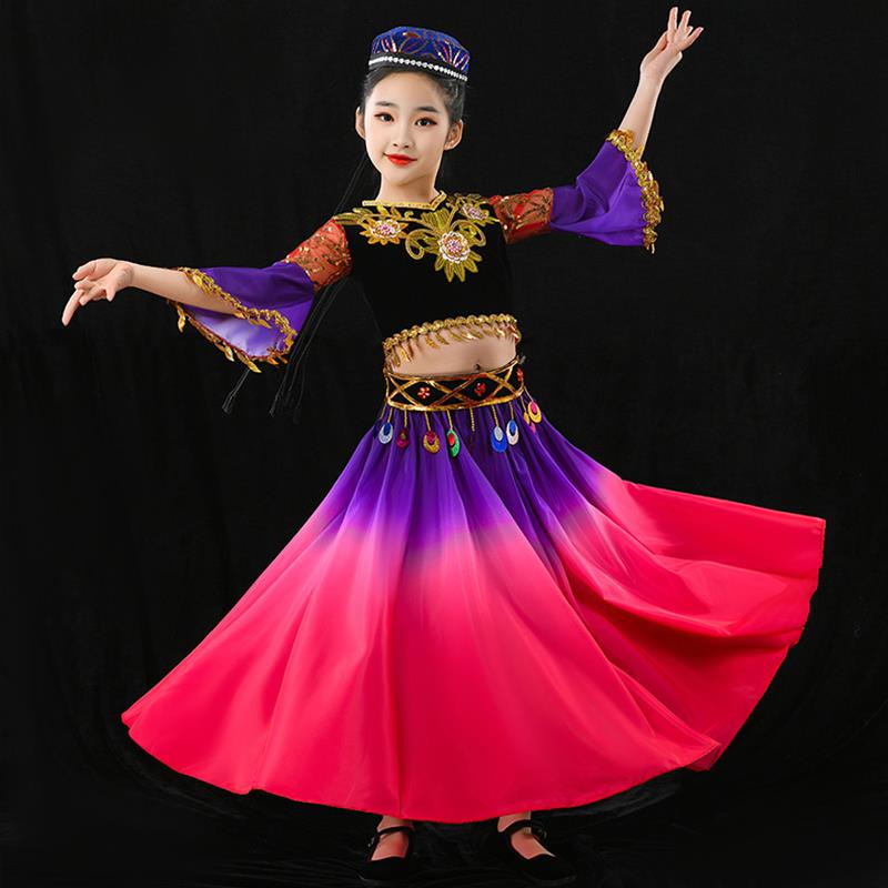 儿童新疆舞蹈演出服维吾尔族舞蹈大摆裙女童半身裙少数民族表演服 - 图1