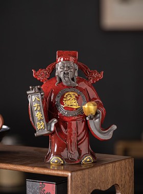 新中式财神爷摆件家用室内玄关招财文武财神店铺开业乔迁陶瓷摆设