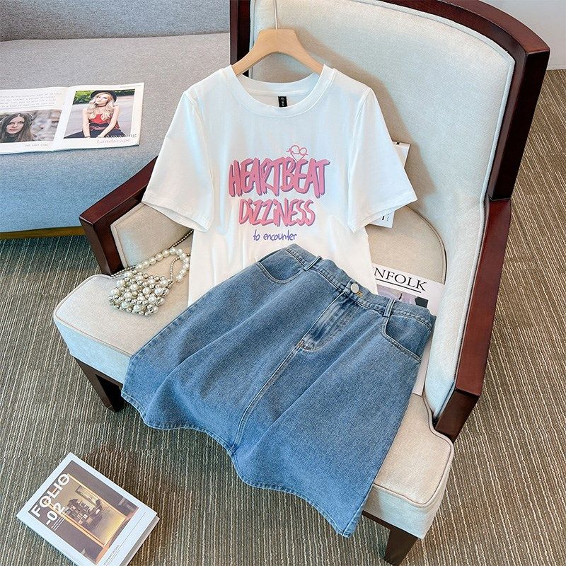 胖mm梨型身材套装牛仔半身裙大码短装t恤两件套微胖女装2024新款,淘宝优惠券,粉丝福利购,淘宝优惠卷