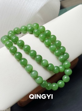 天然俄料和田玉阳绿碧玉项链9mm圆珠妈妈链女款玉石珠串送朋友