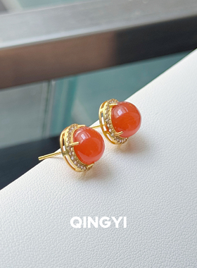 新中式天然南红玛瑙蛋面戒指s925银镶女款玉石指环送朋友闺蜜礼物