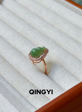 天然俄料和田玉碧玉葫芦戒指s925银女款玉石指环饰品送朋友礼物