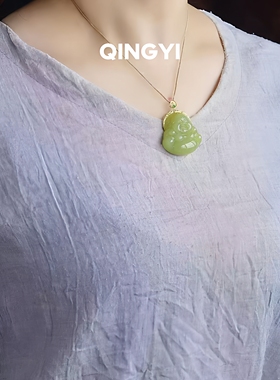 18k金镶天然正品和田玉黄口佛公吊坠 弥勒佛玉石挂件项链饰品女款