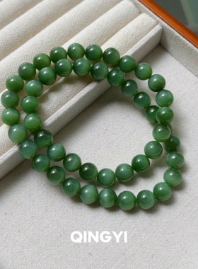 天然俄料老矿和田玉粉青碧玉猫眼手链10mm圆珠女款多圈玉石手串