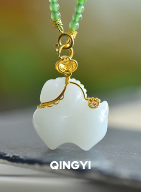 天然新疆和田玉羊脂白玉生肖马吊坠18k金镶马到成功女款玉石挂件