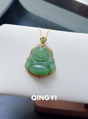 天然俄料和田玉碧玉猫眼佛公吊坠18k金女款弥勒佛玉石挂件送礼物