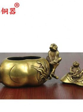 宇卓铜器 纯铜壶黄铜壶铜寿桃猴子壶铜壶茶壶工艺品摆件