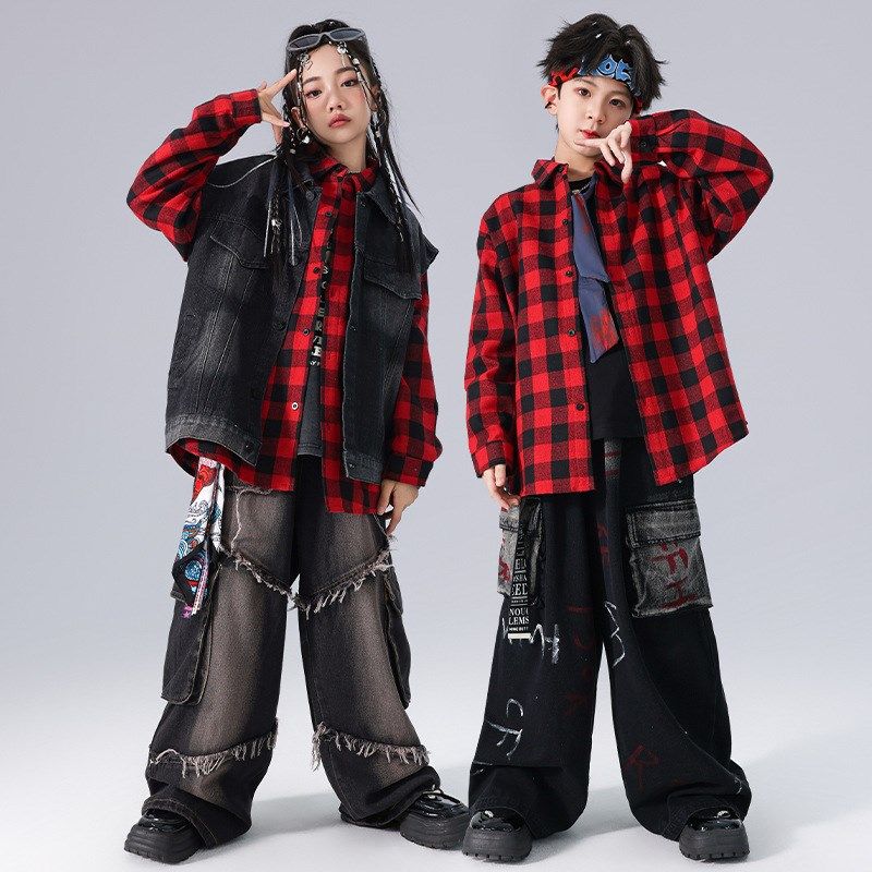 少儿街舞嘻哈hiphop演出服架子鼓牛仔马甲裤子套装红格子衬衫亮眼,淘宝优惠券,粉丝福利购,淘宝优惠卷