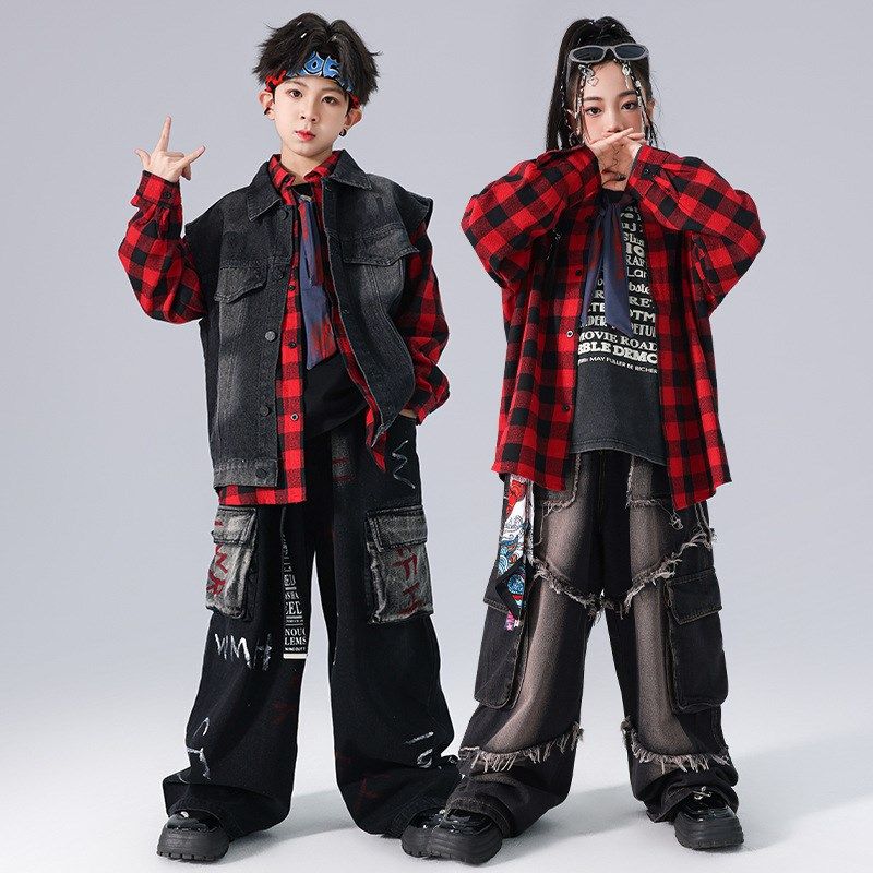 少儿街舞嘻哈hiphop演出服架子鼓牛仔马甲裤子套装红格子衬衫亮眼,淘宝优惠券,粉丝福利购,淘宝优惠卷