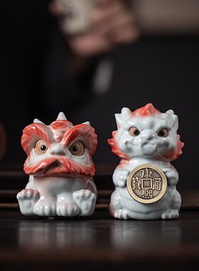 汝窑小龙醒狮茶宠天青开片可养茶玩摆设手把摆件陶瓷茶具个性送礼