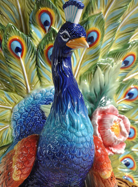中式陶瓷摆设孔雀开屏花开富贵家居装饰工艺品釉下彩五彩孔雀礼品