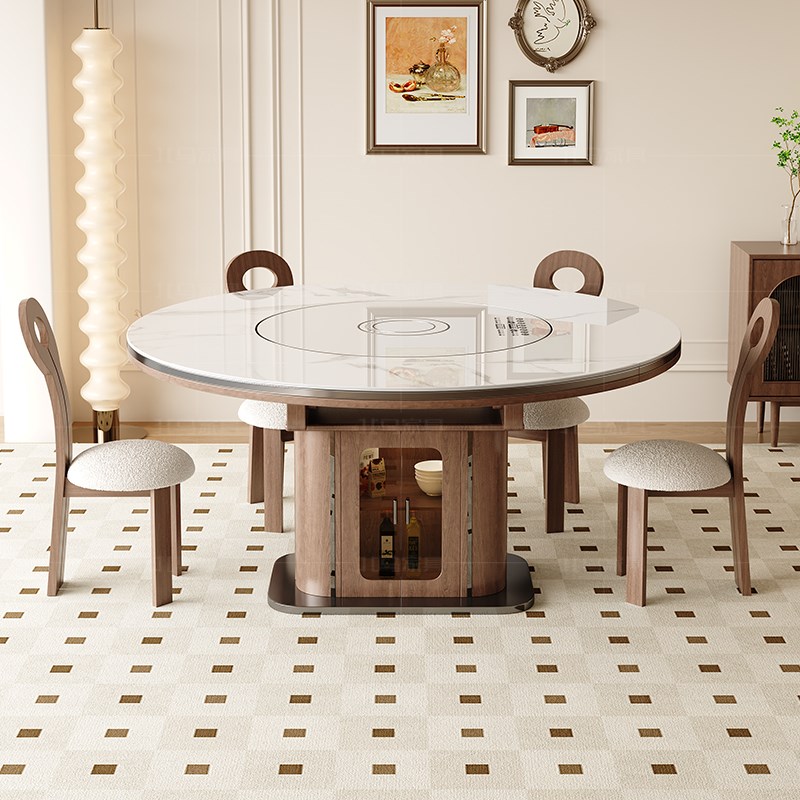 北马复古实木岩板餐桌带胡桃色餐柜小户型家用可伸缩暖菜方圆可变 - 图1