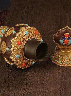 纯铜黄八吉祥莲花宝瓶可装藏龙王摩尼宝瓶藏式居家摆件大