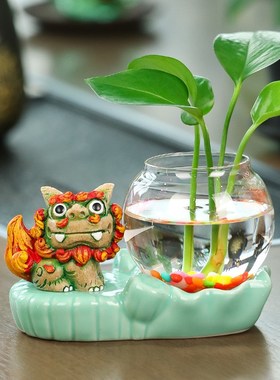 创意可爱新中式狮子水培摆件家居客厅茶桌办公桌装饰花瓶摆件礼品