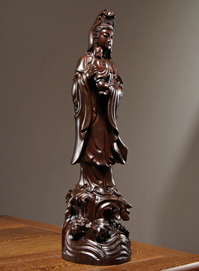 黑檀木雕观音佛像摆件实木观世音菩萨家居客厅玄关装饰工艺品