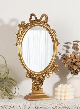 法式复古化妆镜轻奢高级宫廷风浮雕金色镜子ins风桌面台式梳妆镜