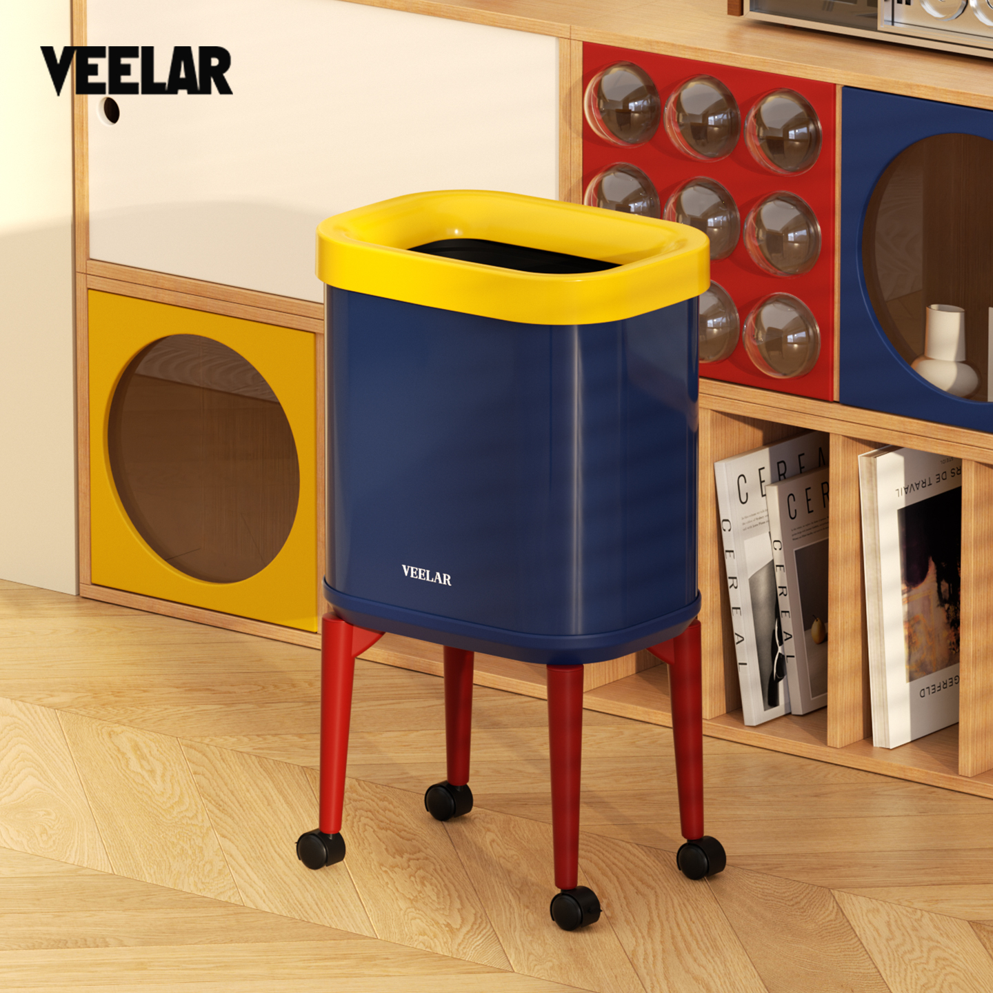 VEELAR客厅高脚垃圾桶家用客厅无盖复古风带轮子可移动厨房卫生桶 - 图0