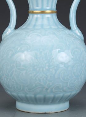 花瓶清乾隆瓷器天蓝釉描金葫芦瓶仿古瓷器古董古玩明清老瓷器收藏