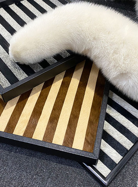 玄关收纳化妆品j桌面托盘黑白灰马毛棋盘格摆件装饰首饰盘