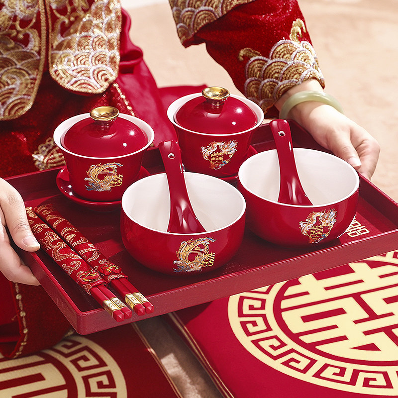 结婚改口敬茶杯喜碗套装婚礼敬酒茶杯新人喜茶杯碗筷婚庆用品大全,淘宝优惠券,粉丝福利购,淘宝优惠卷