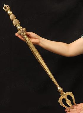 纯黄铜三叉金刚杵法器摆件家用佛堂道士佛头金刚降魔杵工艺品摆设