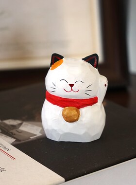 招财铃铛猫咪手工木雕小摆件公仔可爱木质雕刻书桌装饰品新年礼物